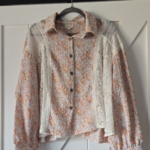 POL Floral Button-Up Blouse - Orange and Cream